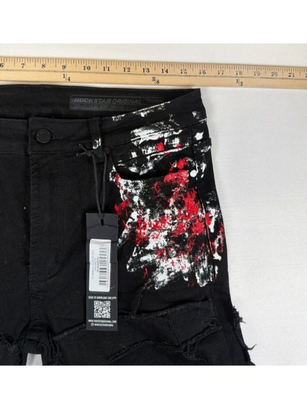 Rockstar Original Men's Black Red Painted Stacked Flare Fringe Jeans Size 34 - Picture 8 of 9